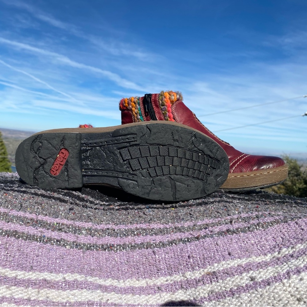 Rieker Red Ankle Boots with Multicolor Knit Trim - Picture 2 of 5